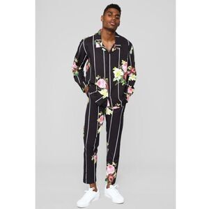 NEW Fashion Nova Black White Pin Stripe Floral Print Satin Joggers Top Set 3XL